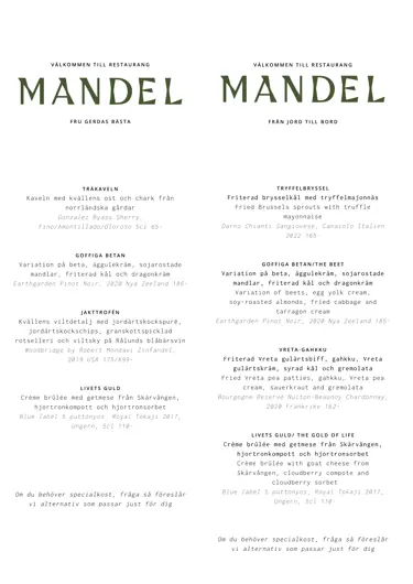 Meny från Restaurang Mandel, med olika rätter som Tråkaveln med ost och chark, Tryffelbryssel med friterad brysselkål och tryffelmajonnäs, Goffiga Betan med variation på beta och äggulekräm, samt flera vinrekommendationer