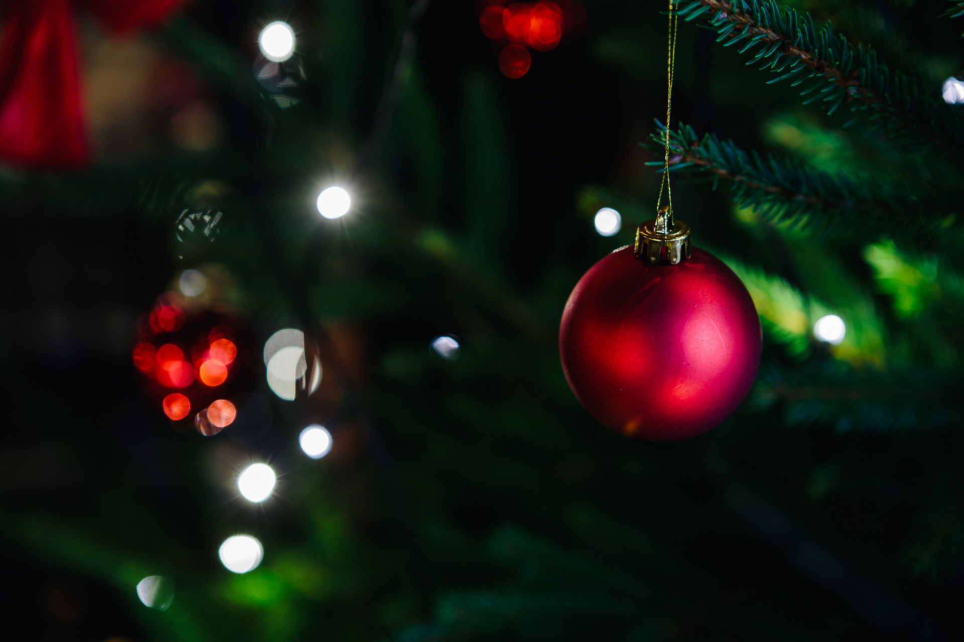 Red Christmas ornament hanging on a decorated tree with blurred lights and greenery in the background.