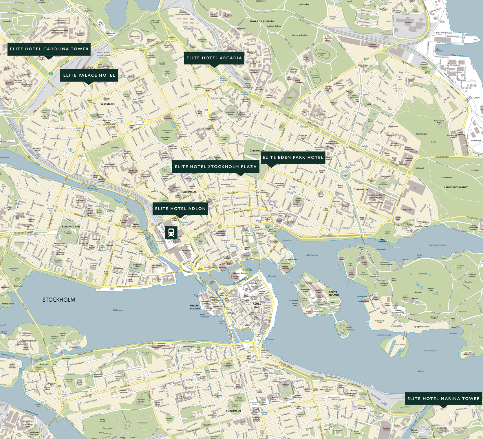 Karta &ouml;ver Stockholm med Elite Hotel utmarkerade