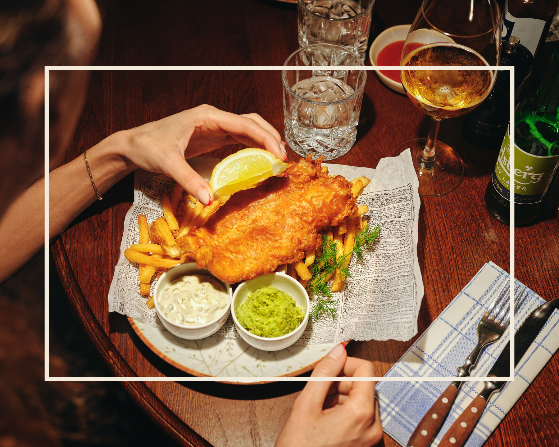 Fish and chips with lemon and dips