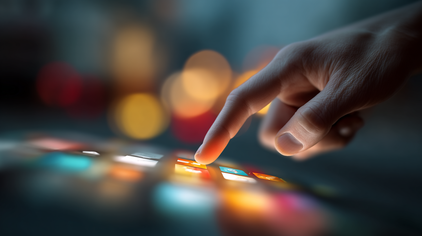 Hand som trycker på färgglada ikoner på en pekskärm, teknologi och interaktion.