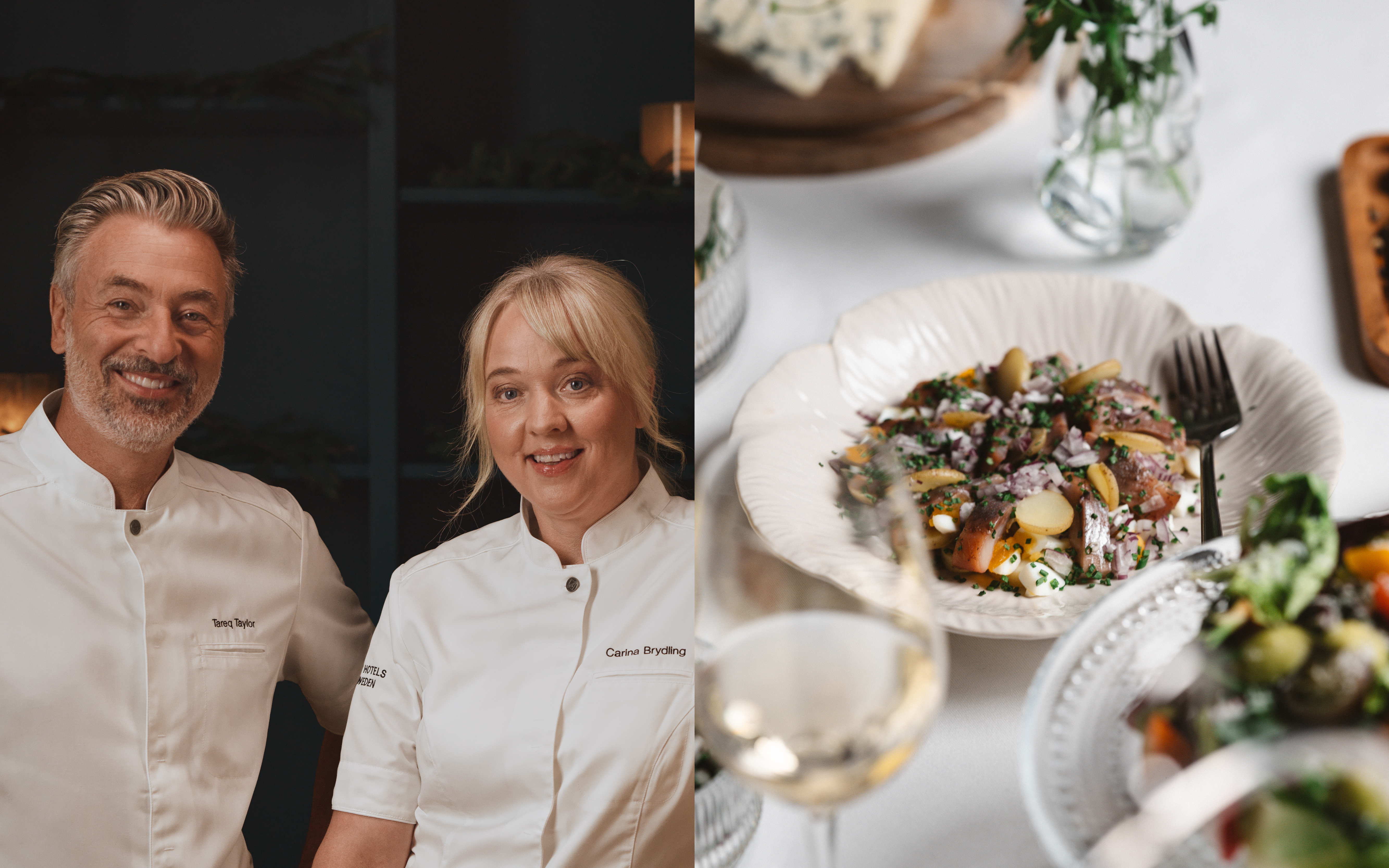 Två kockar i vita rockar bredvid mat på en tallrik.