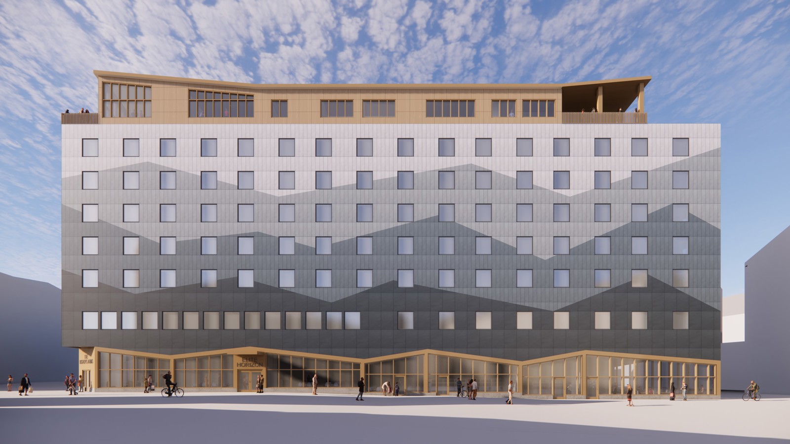 Rendering of Elite's new hotel in Kiruna from the front with mountain peaks in the facade