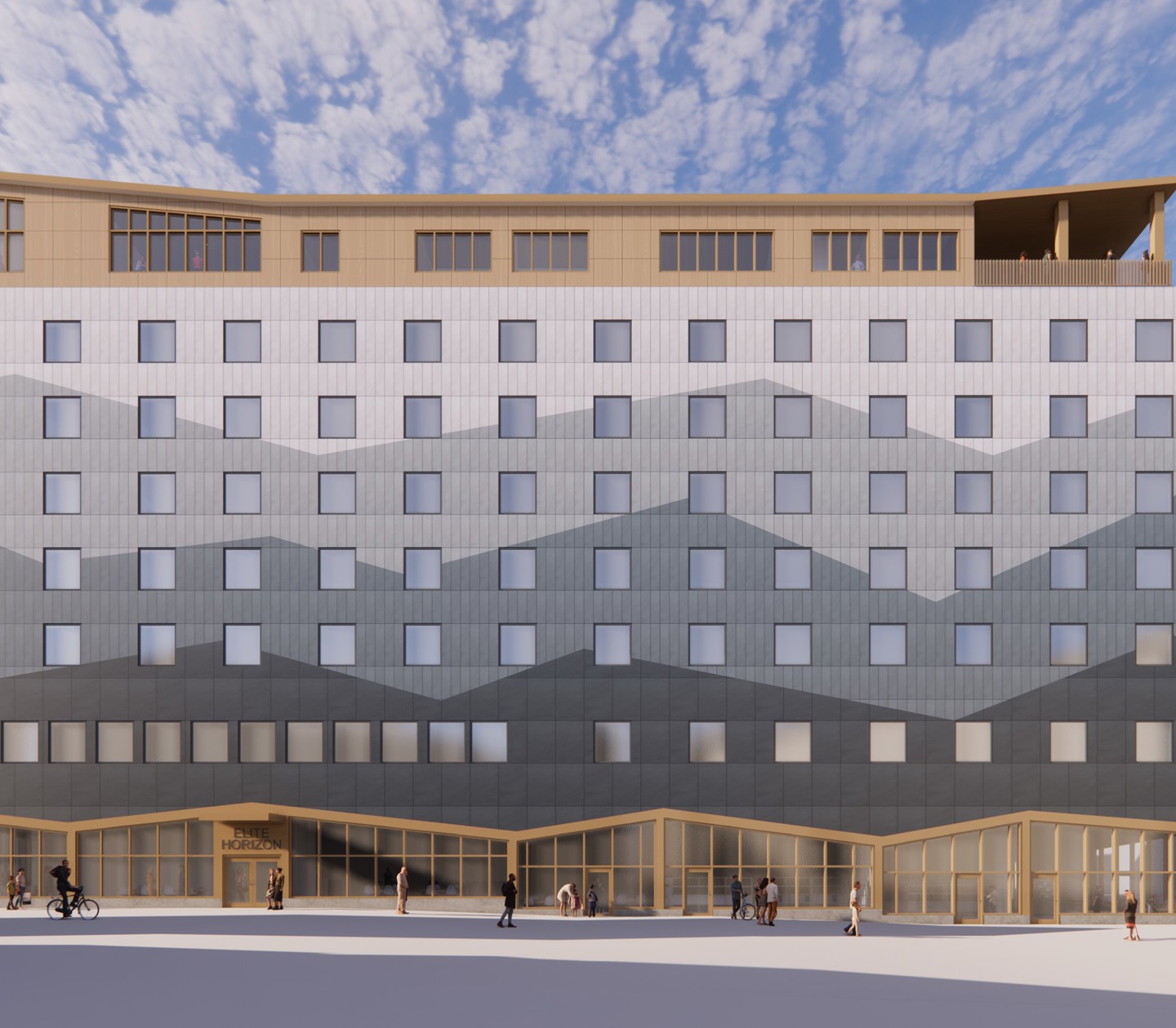 Rendering of Elite's new hotel in Kiruna from the front with mountain peaks in the facade