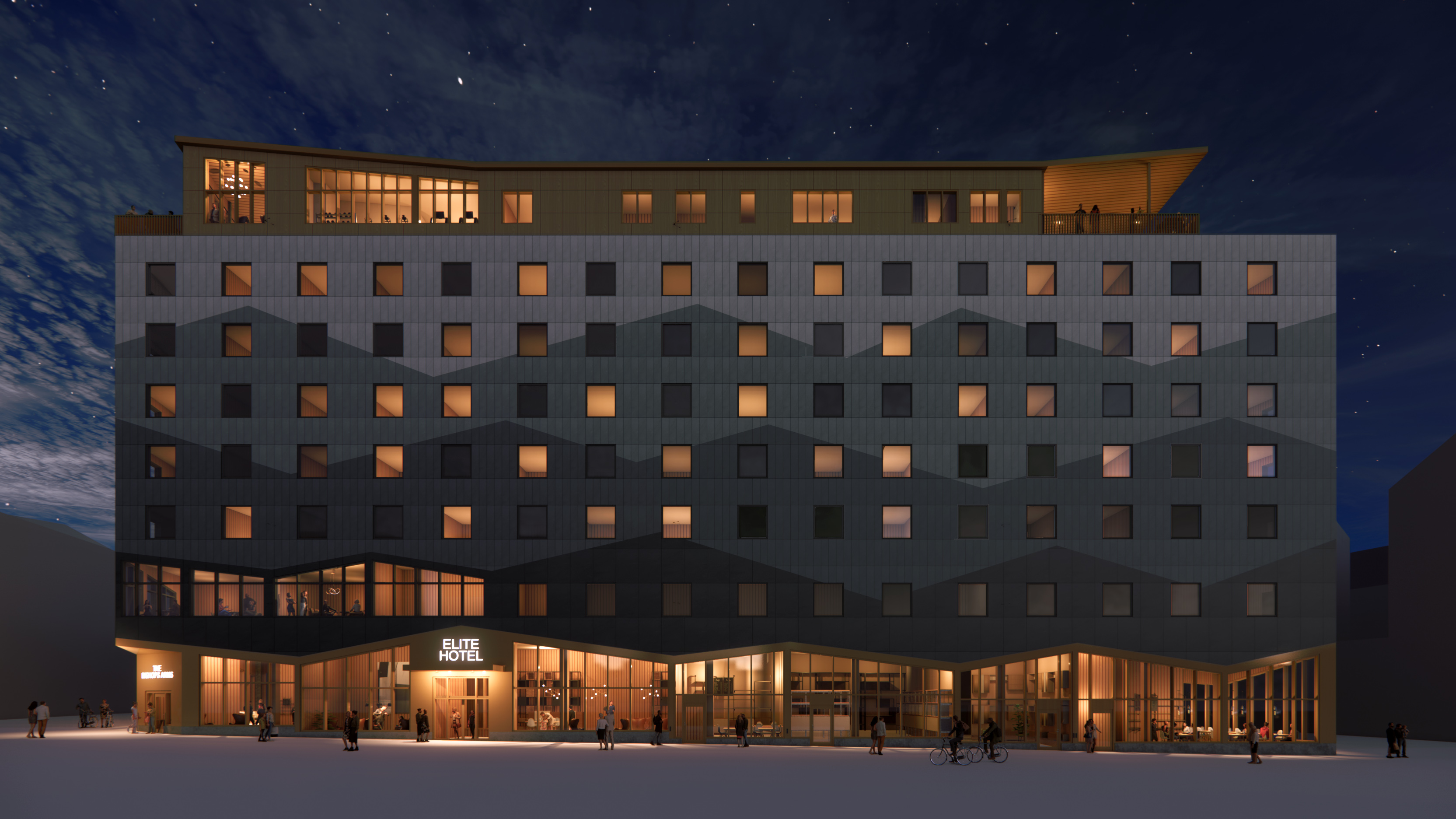Rendering of Elite's new hotel in Kiruna at dusk with mountain peaks in the facade