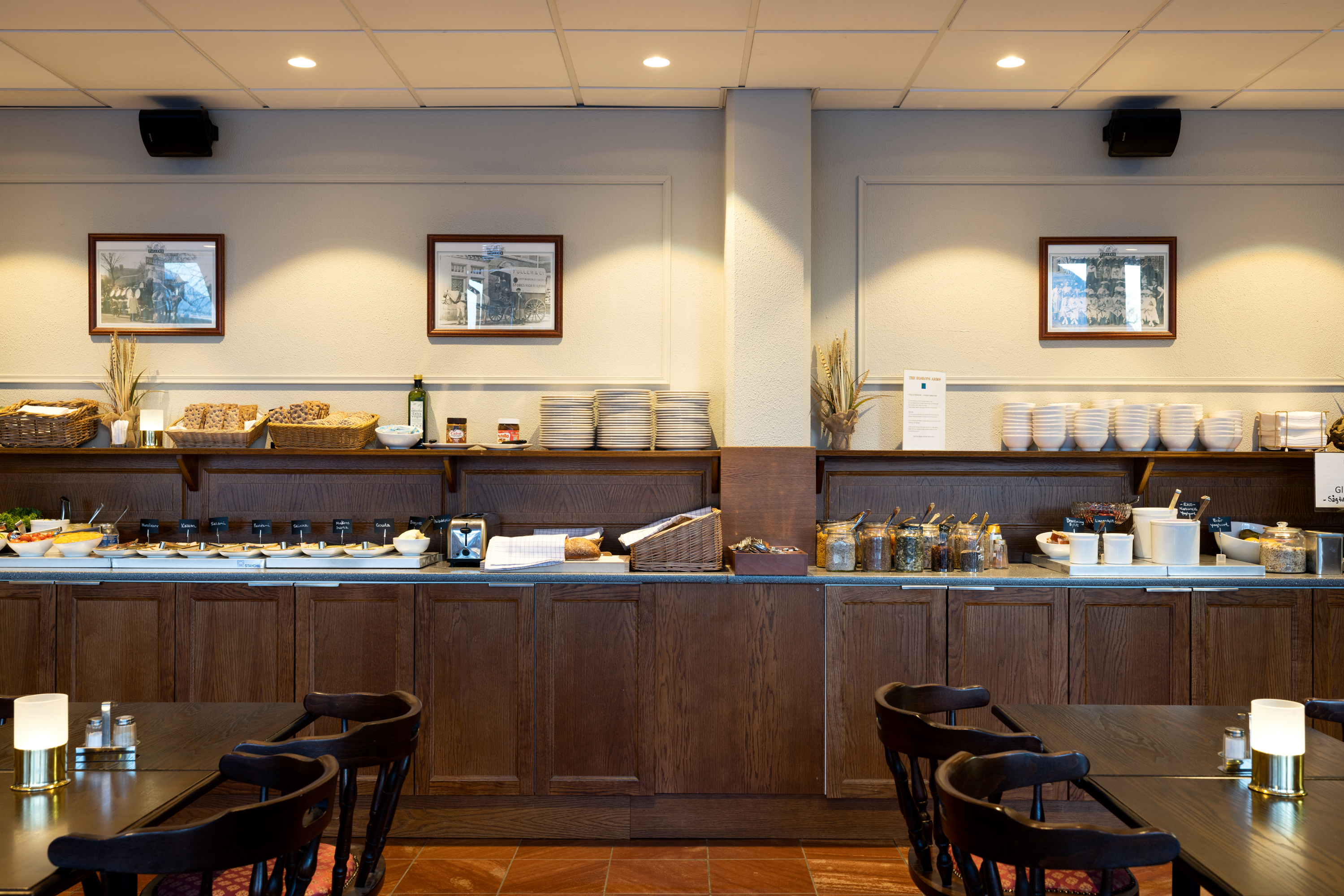 Breakfast buffet served along tables with food groups in front