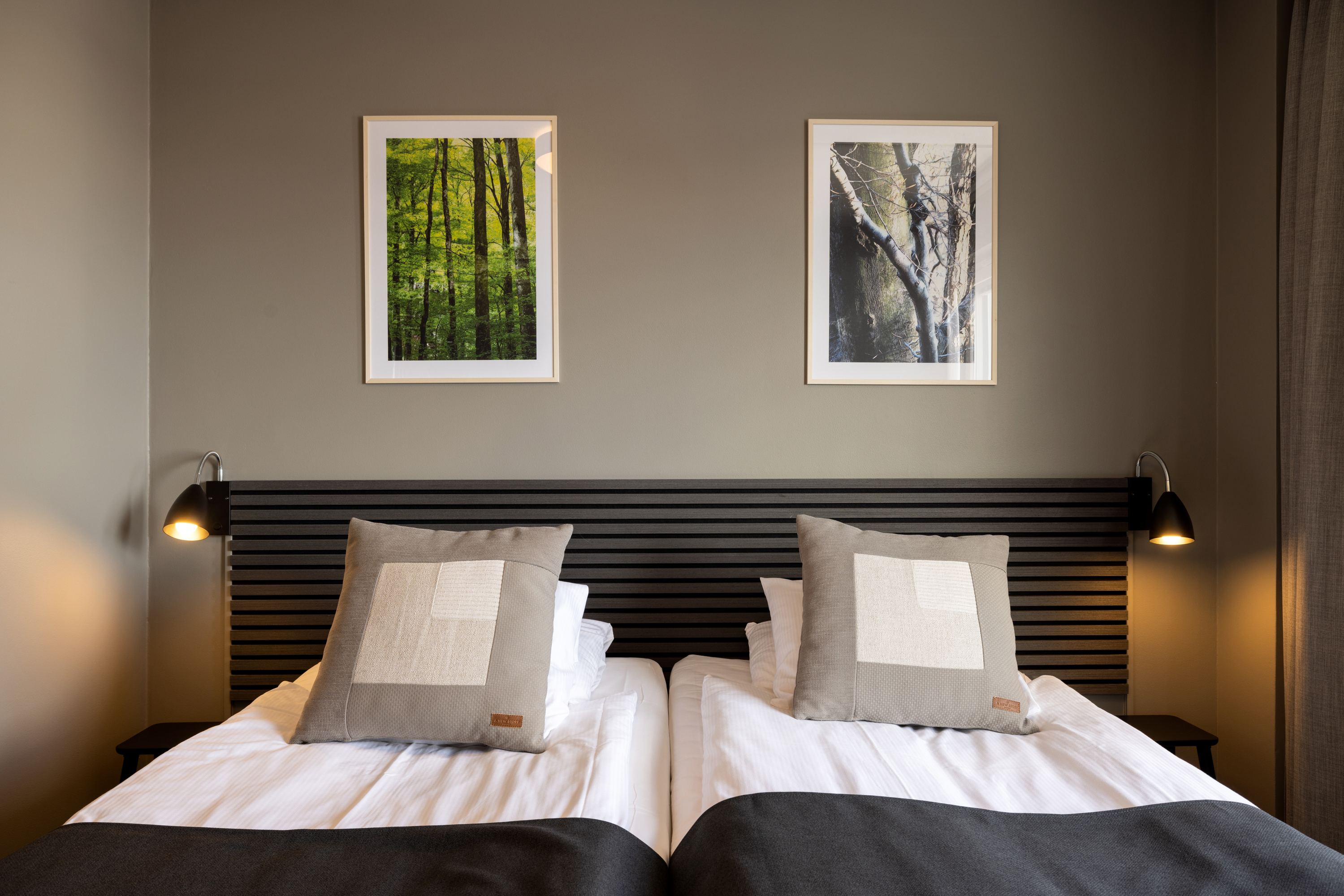 Hotel room with beds, black headboard and paintings