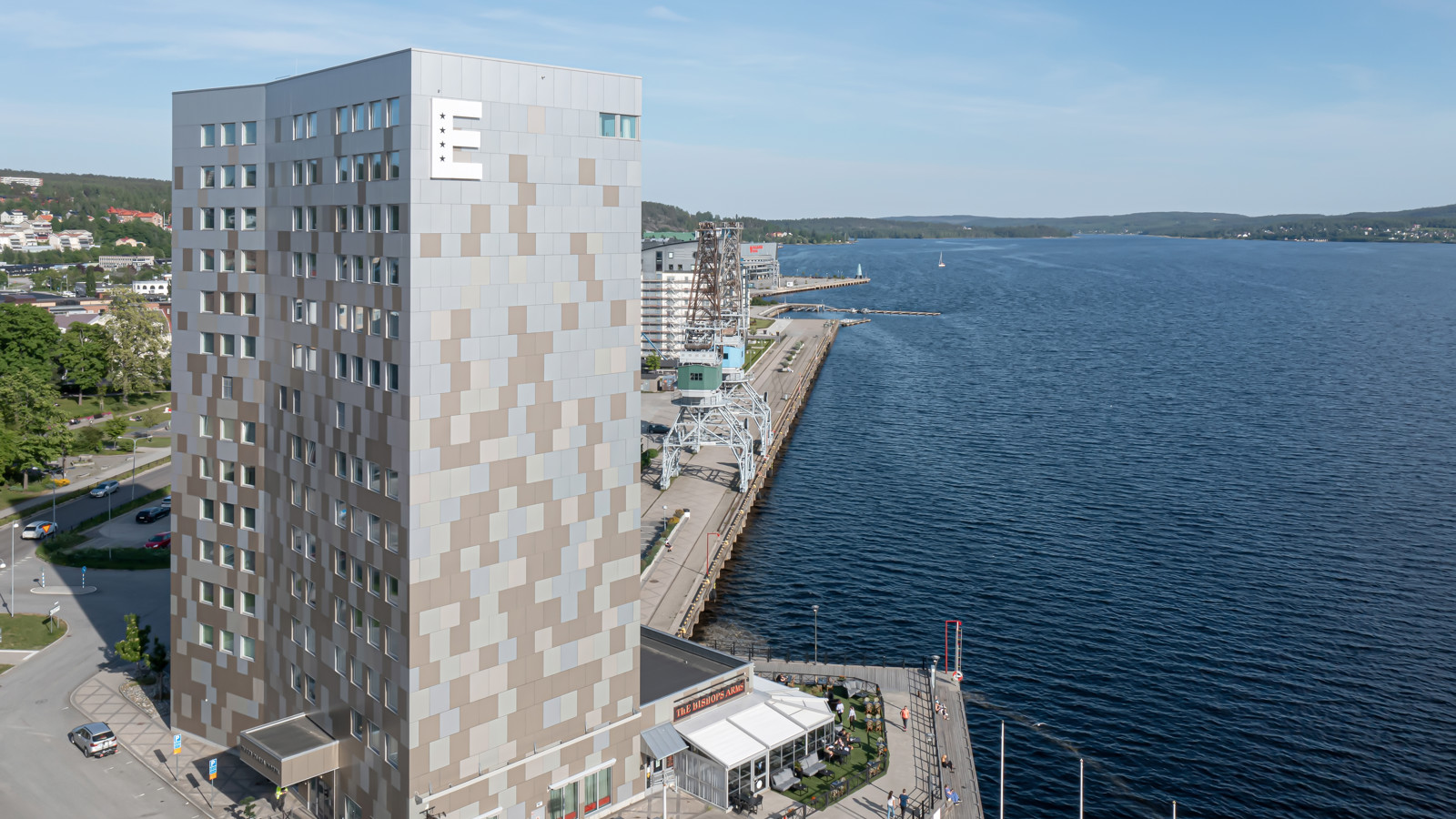 The facade of the Elite Plaza Hotel in Örnsköldsvik with the Bothnian Sea behind