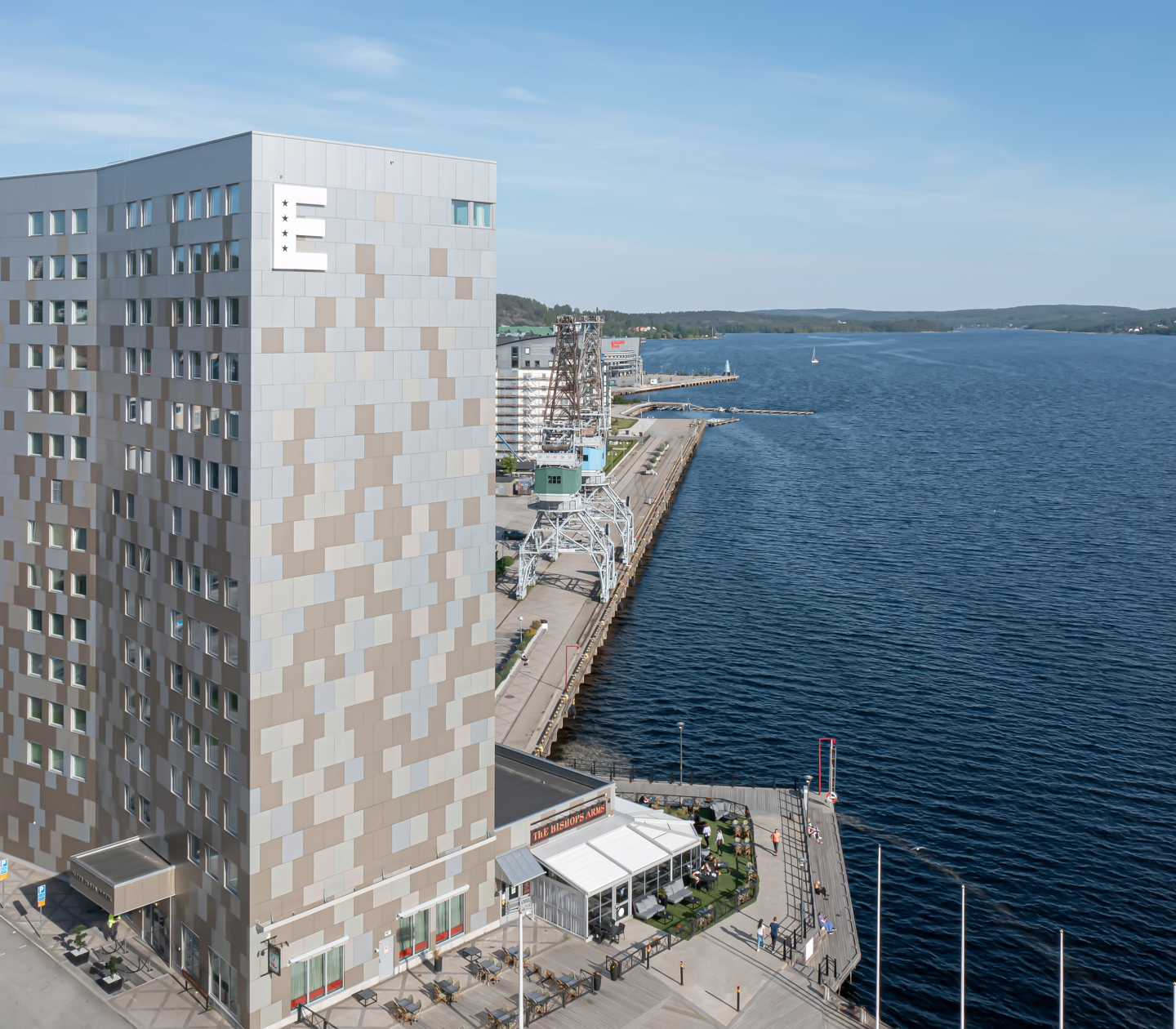 The facade of the Elite Plaza Hotel in Örnsköldsvik with the Bothnian Sea behind