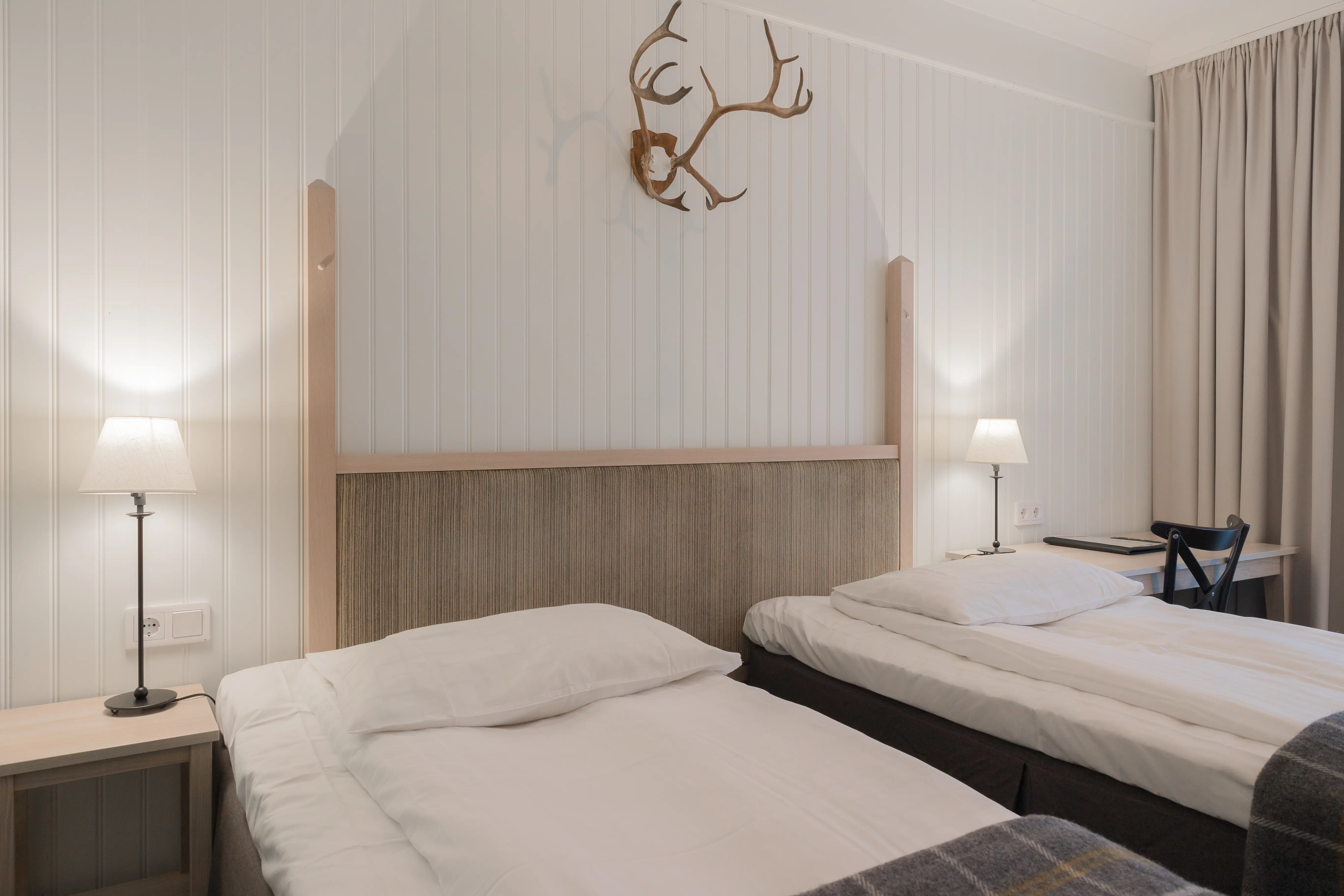 Mysigt hotellrum med separerade sängar, skrivbord och djurhorn på väggen