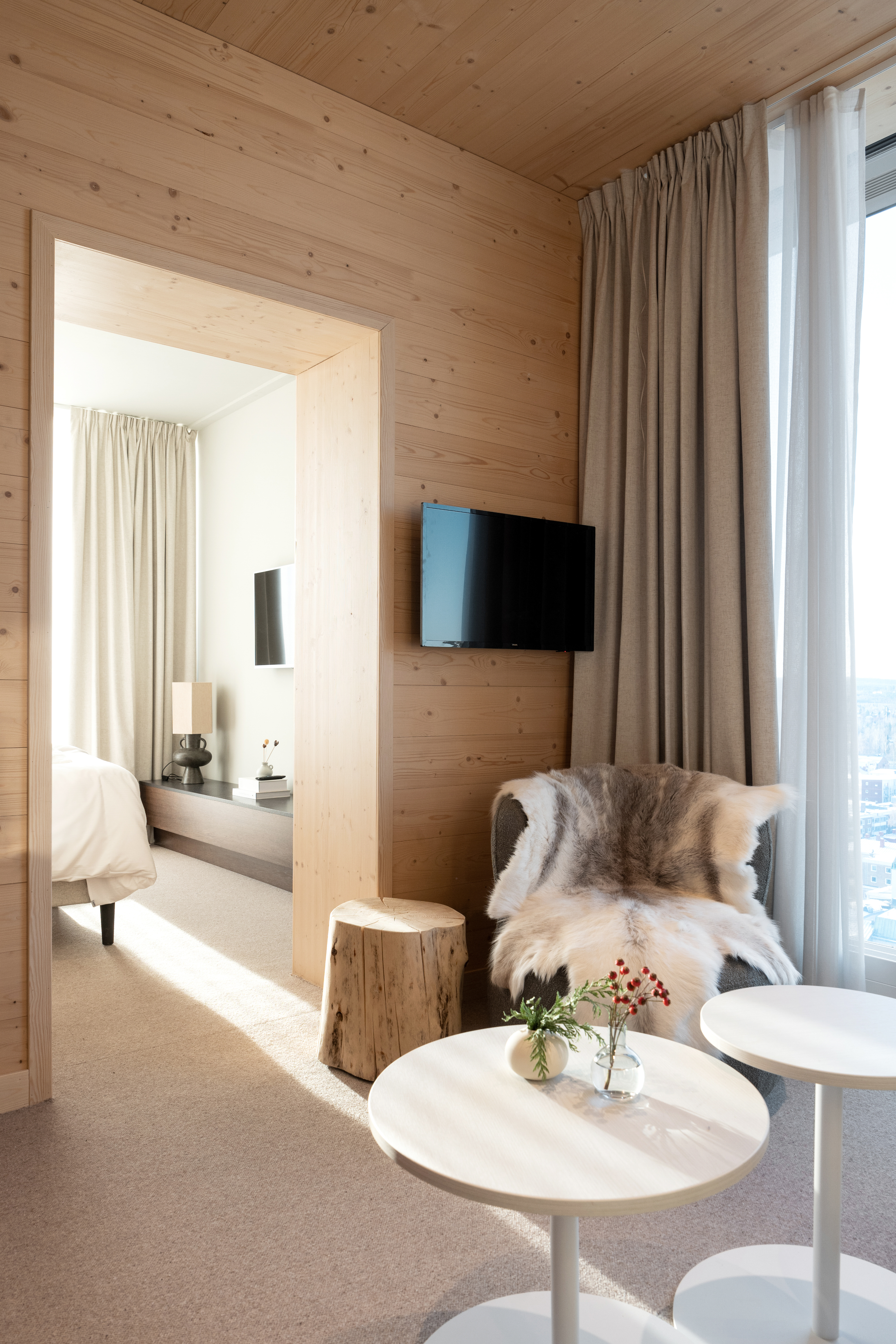 Cozy suite with armchair, TV and sheepskin trap