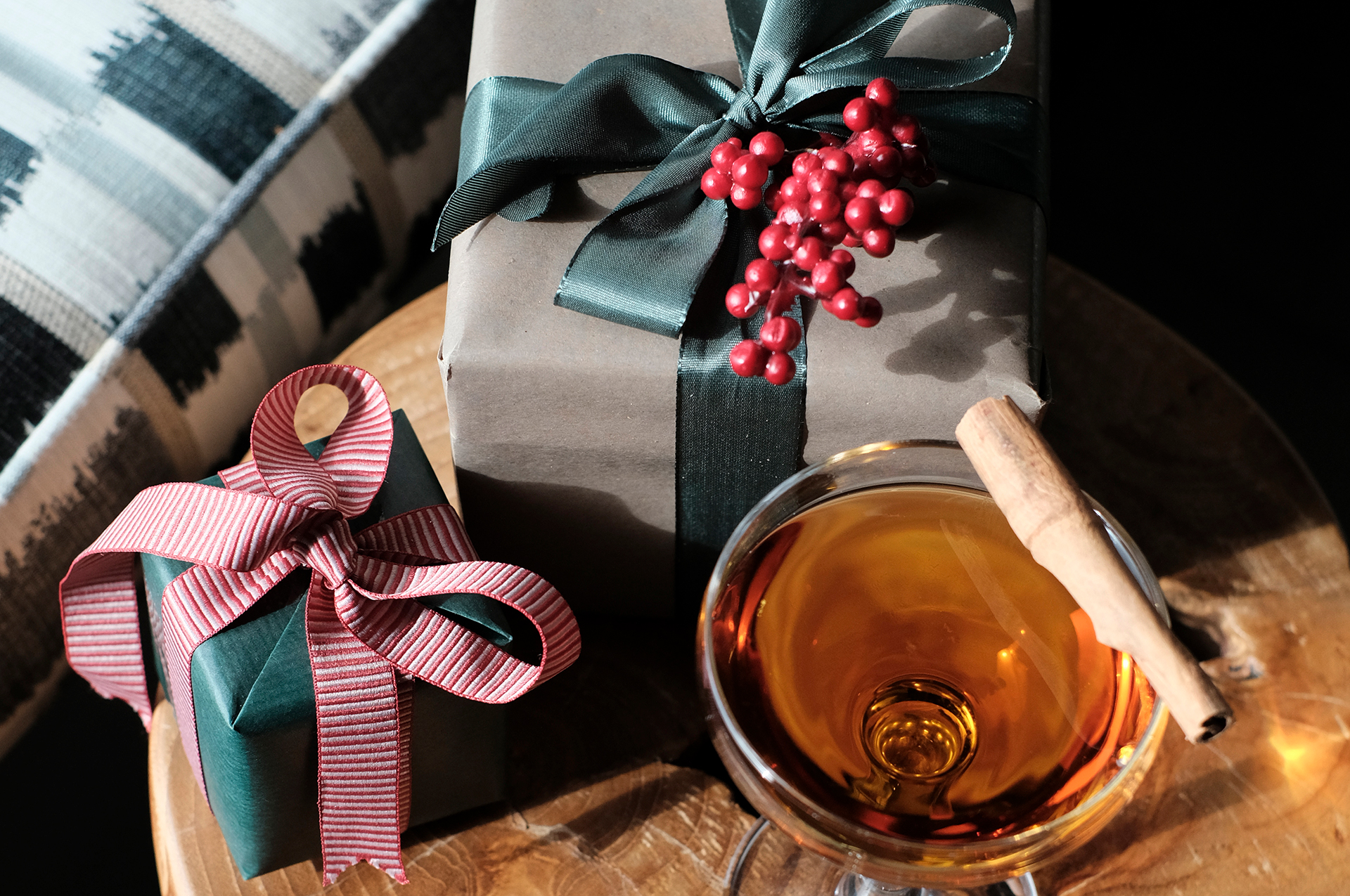 Christmas presents and a Christmas drink