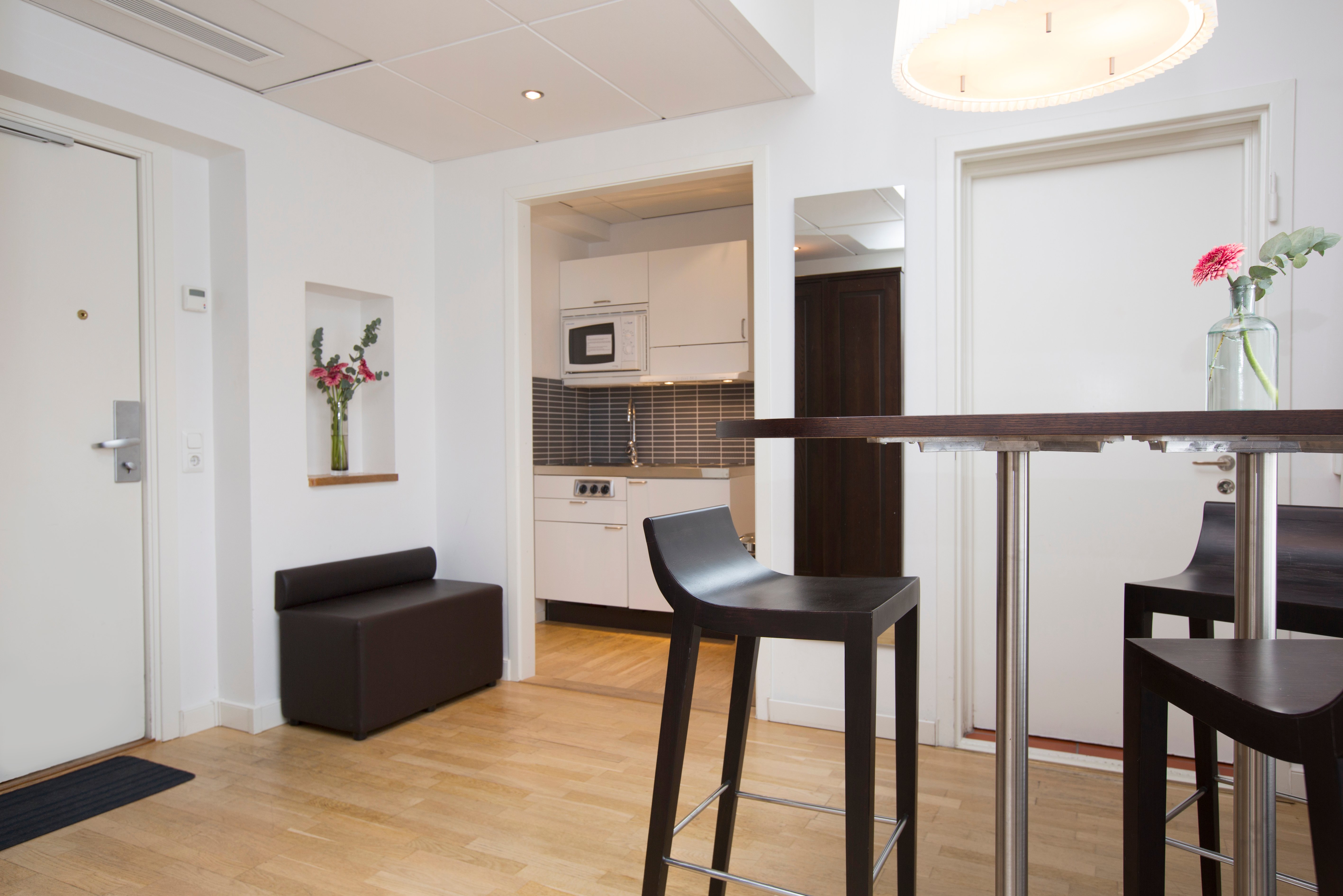 Bright apartment suite with bar table, kitchen and mirror