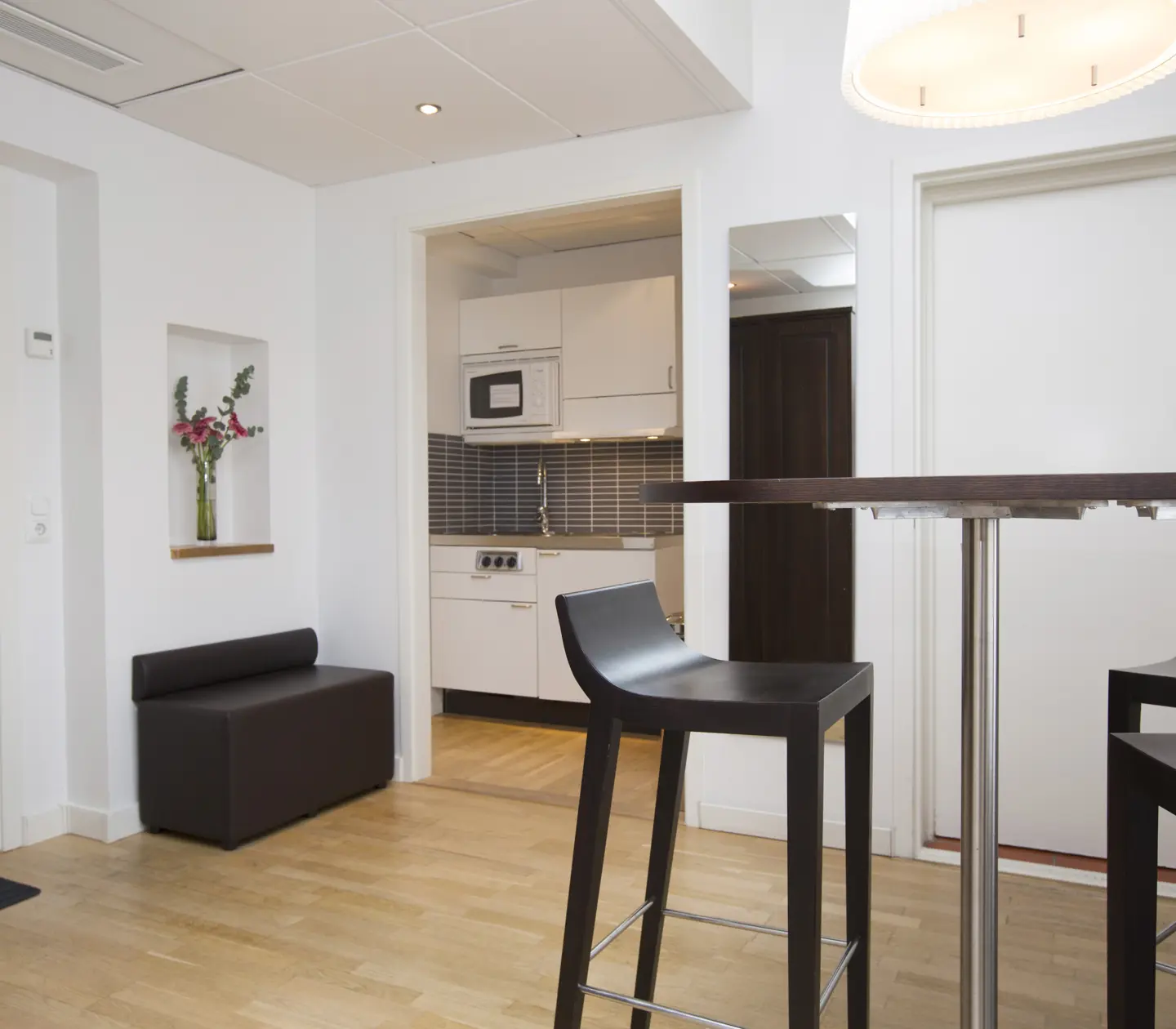Bright apartment suite with bar table, kitchen and mirror