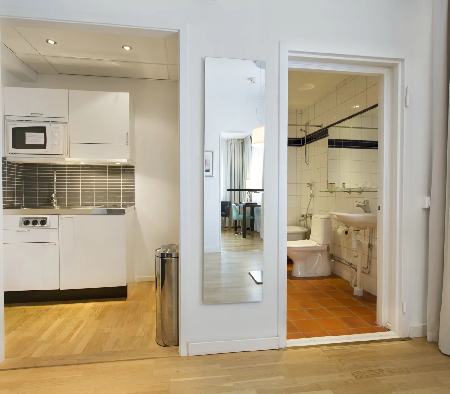 Bright apartment suite with mirror and doors to bathroom and kitchen
