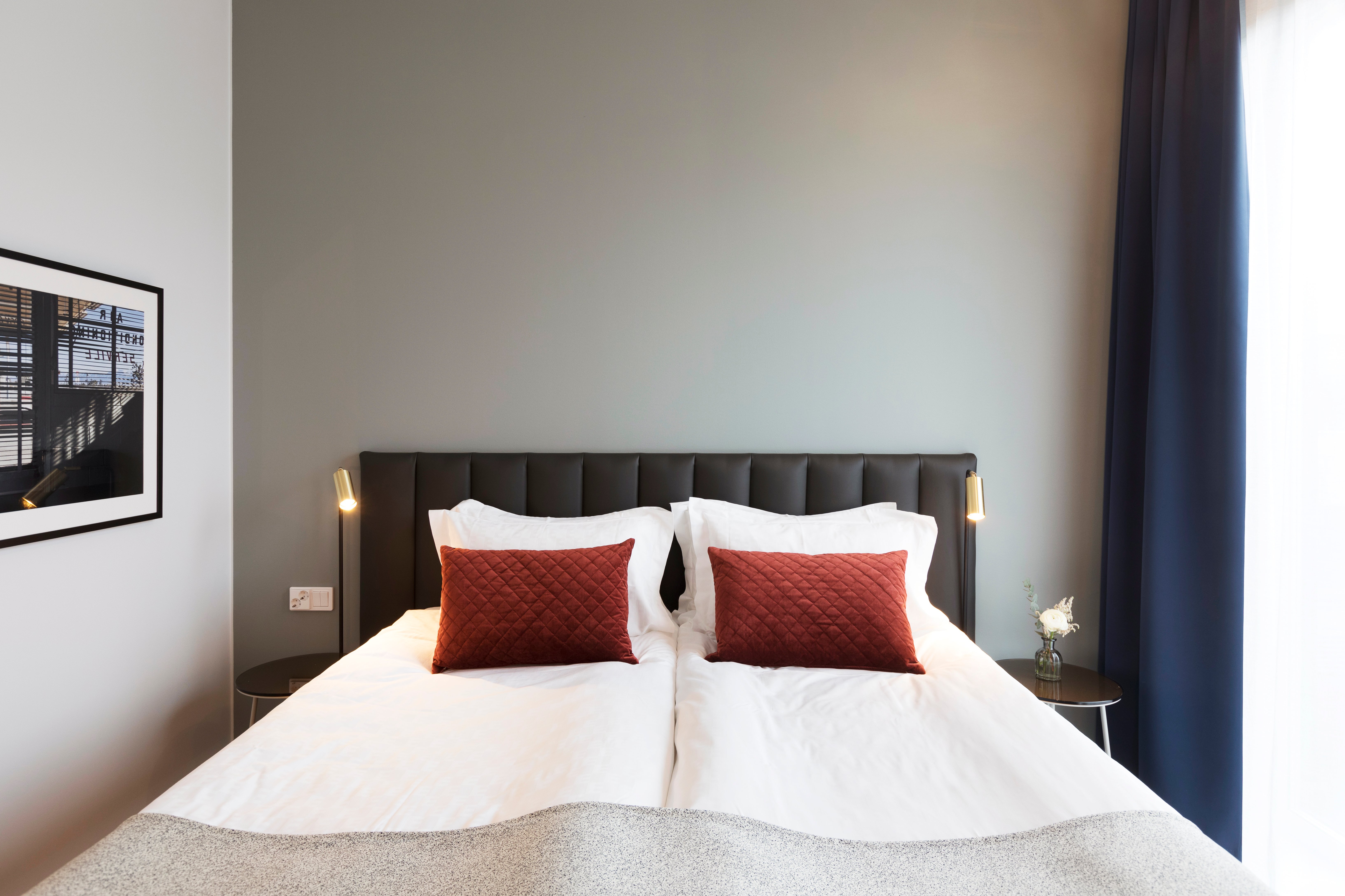 Bright hotel room with bed, dark headboard and small bedside lamps