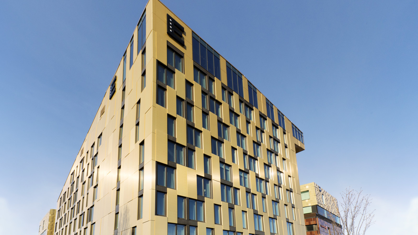 Yellow facade of Elite Hotel Academia with many windows
