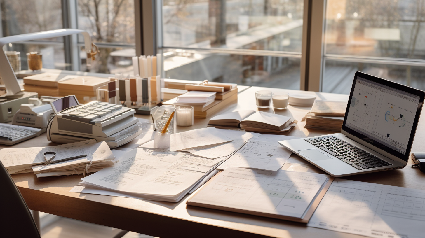 Ett skrivbord med papper och dator