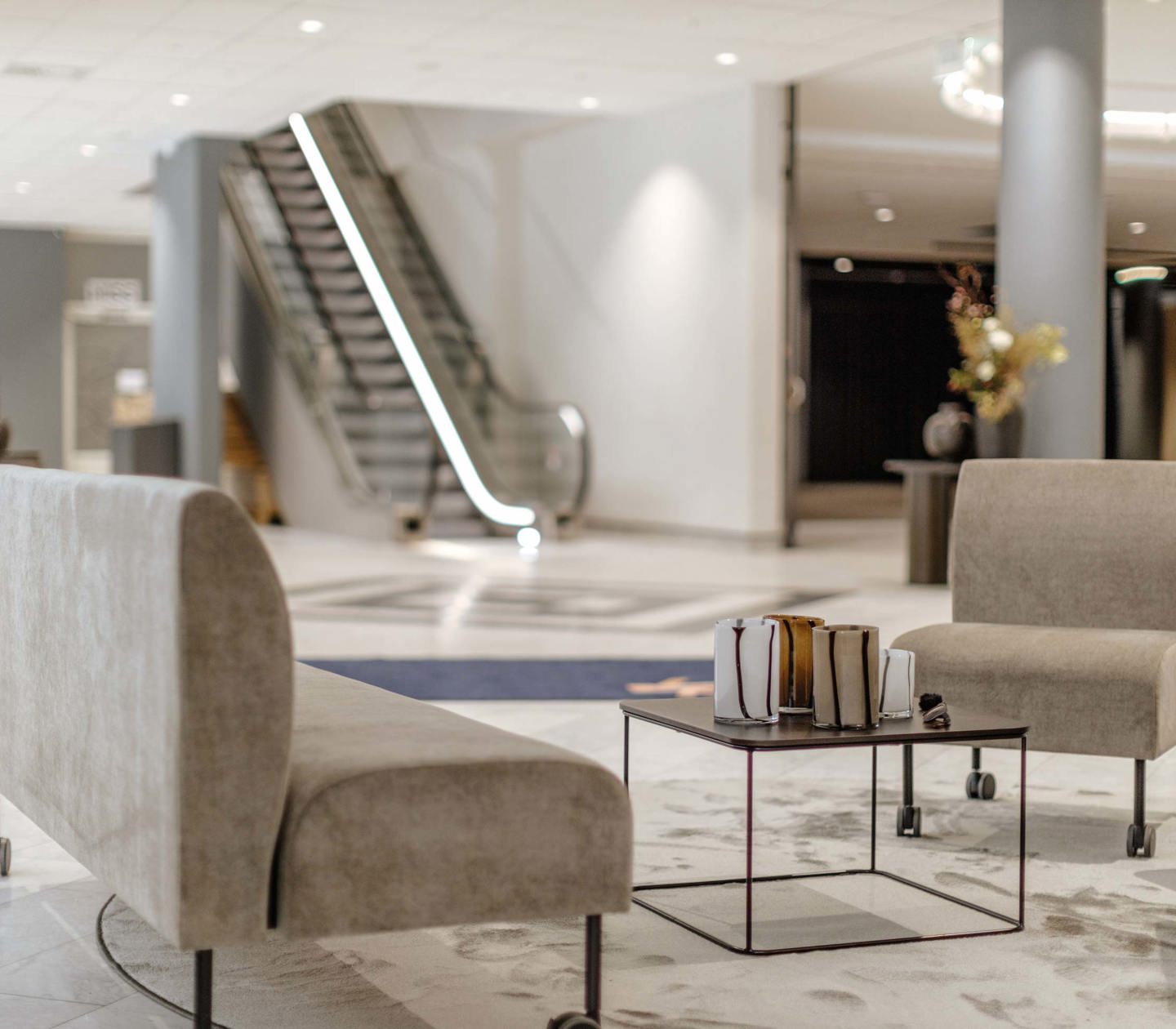 Lounge chairs in a large lobby