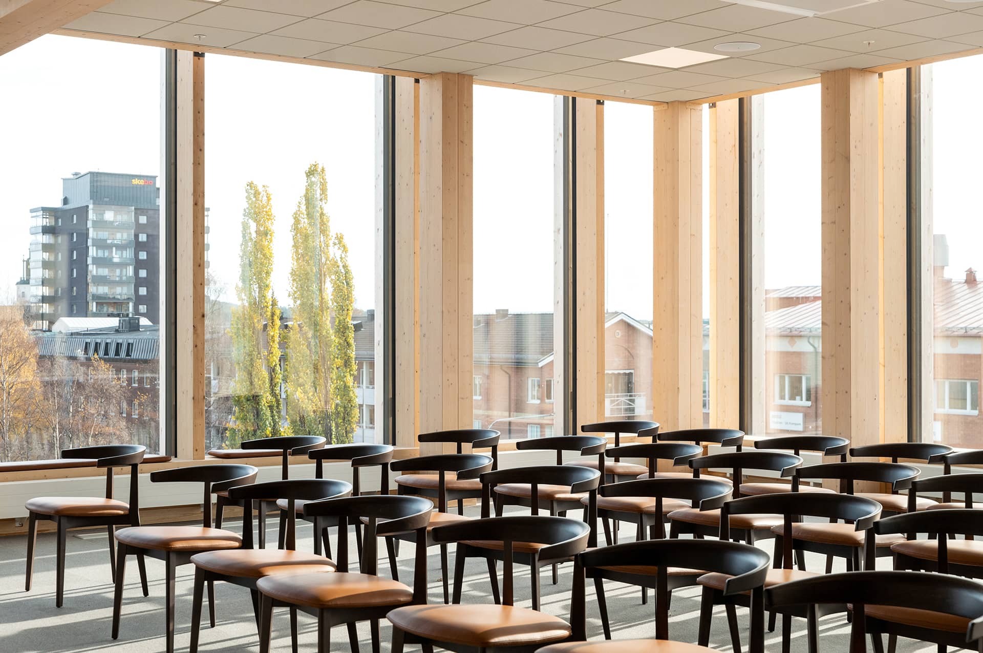Rows of chairs in a conference room