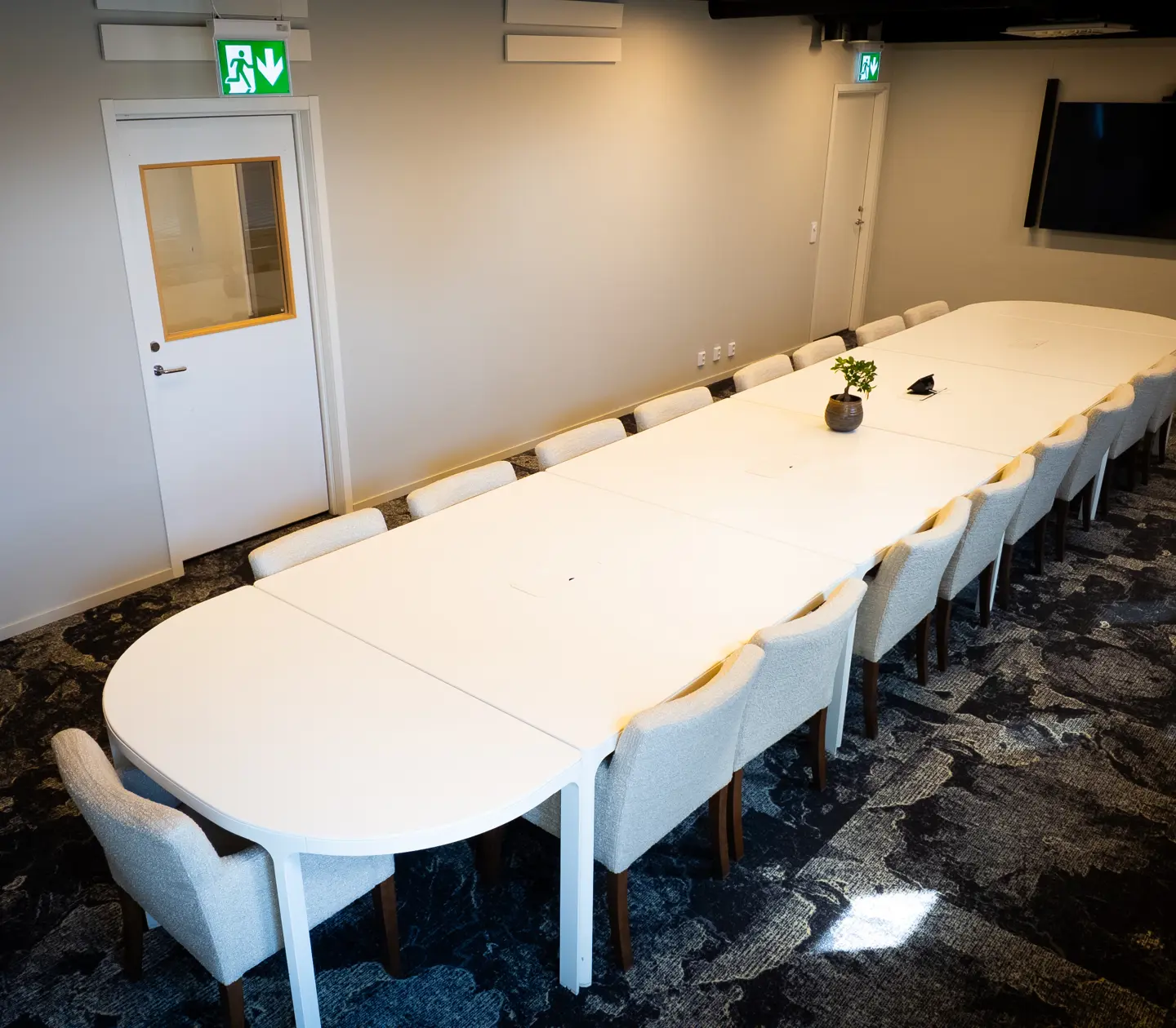Konferensrum med lång, vit avlång bord och vita stolar, dekorerat med en liten växt, med en stor TV på väggen och grå mönstrad matta.