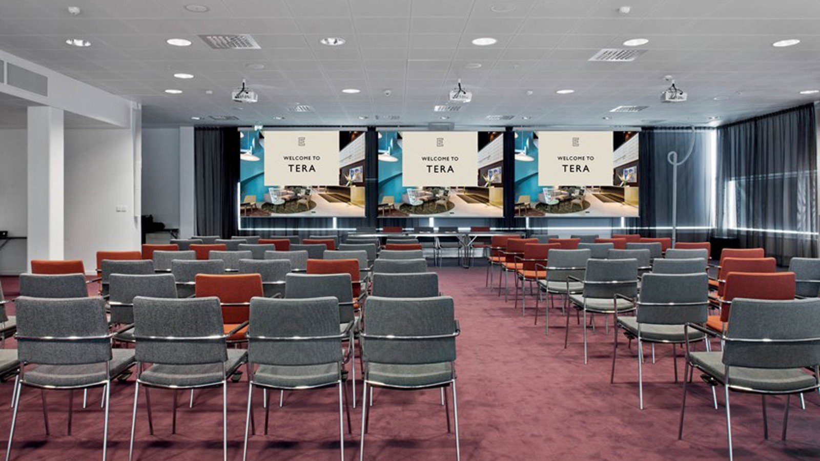 Large conference room with cinema seating and red carpet