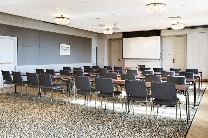 Konferensrum med biosittning, projektor, grå matta och grå stolar