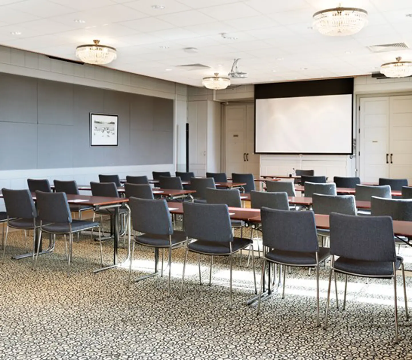 Konferensrum med biosittning, projektor, grå matta och grå stolar
