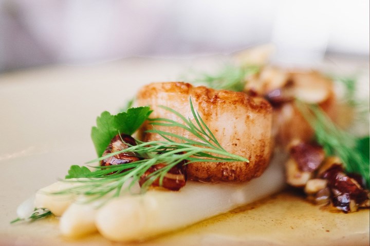 Närbild på sparris, fint upplagd på tallrik