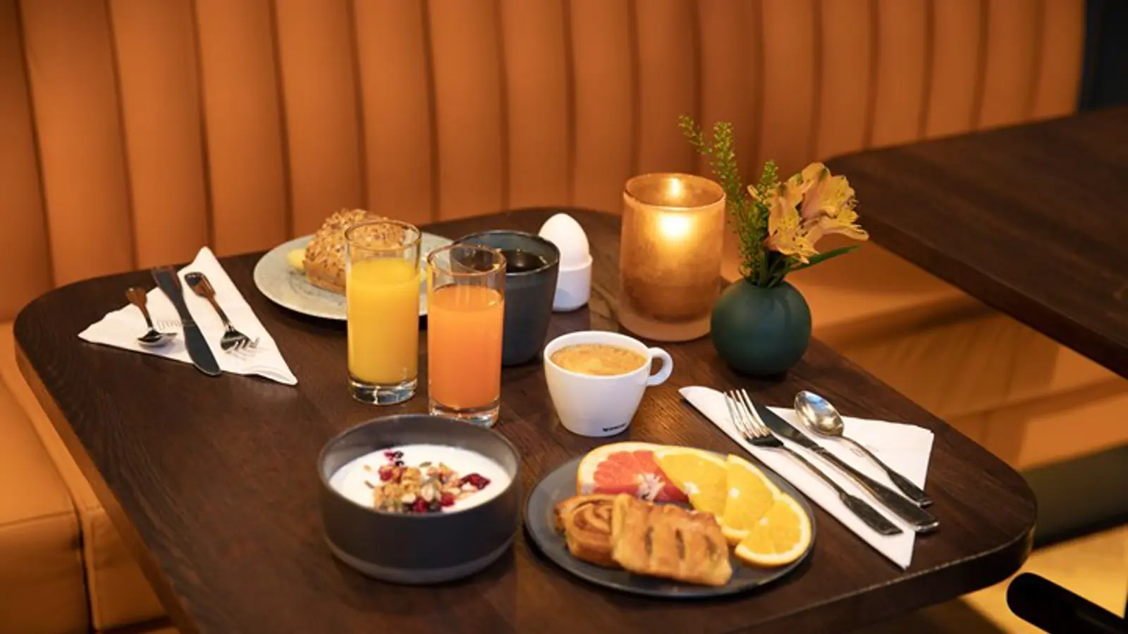 Served breakfast for two with yogurt, juice, coffee
