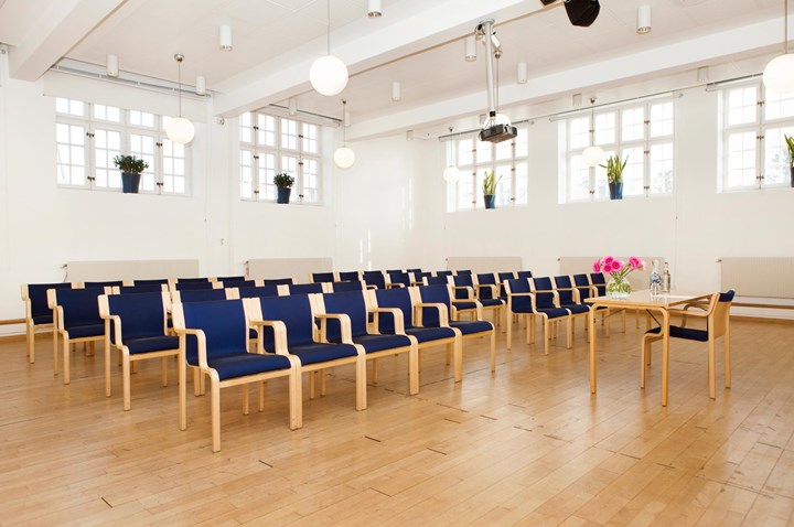 Bright conference room with cinema seating, many windows and blue chairs