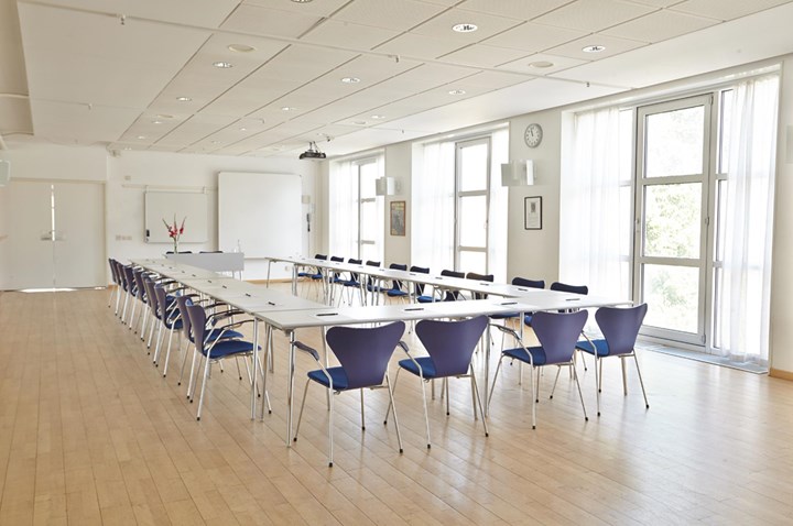 Bright conference room with U-shaped seating and large windows