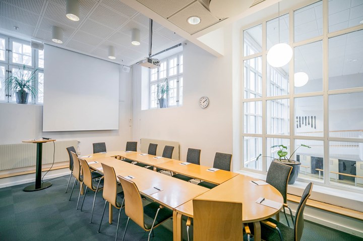 Conference room with board seating, white walls, wooden table and blue carpet