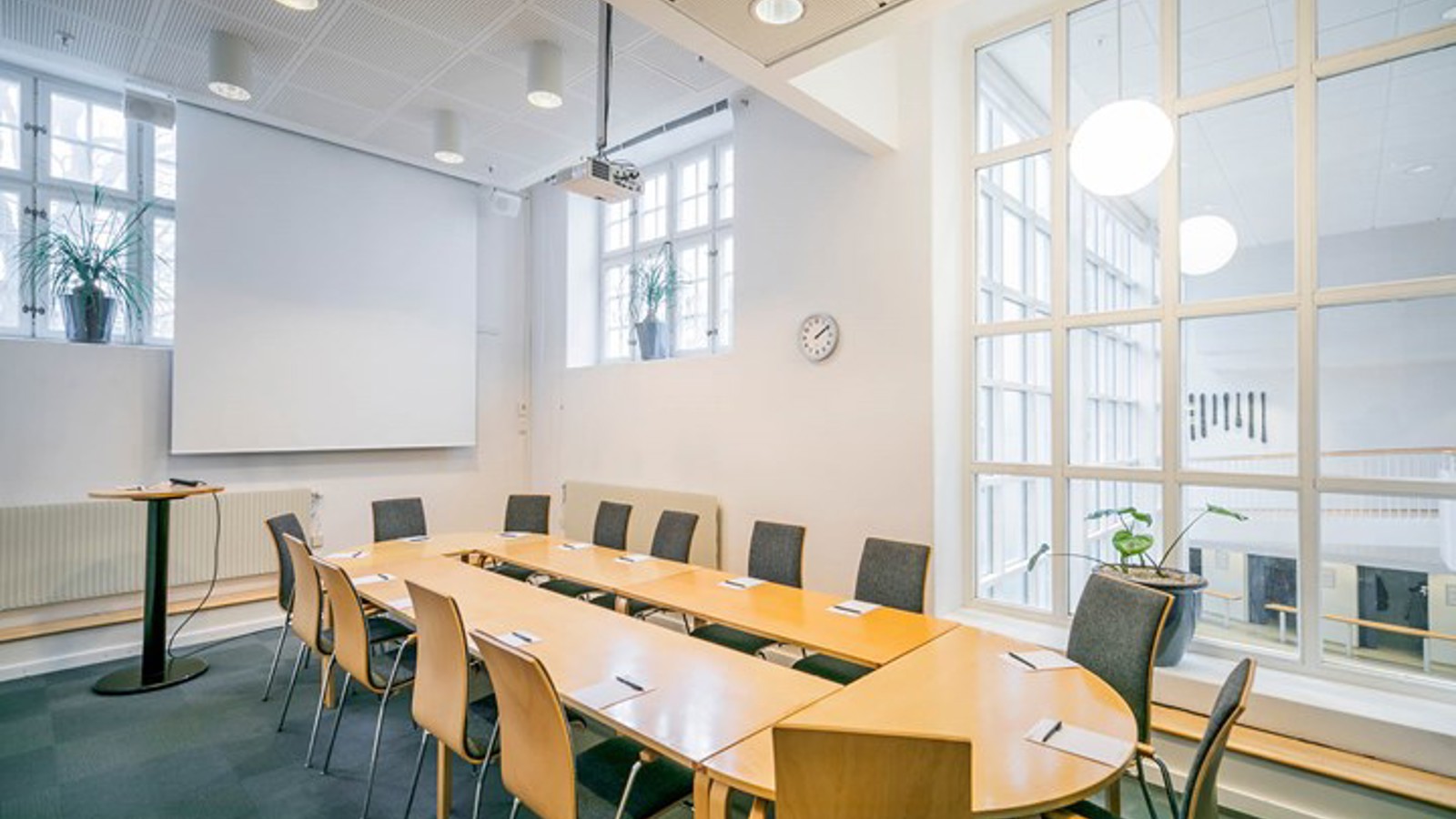 Conference room with board seating, white walls, wooden table and blue carpet