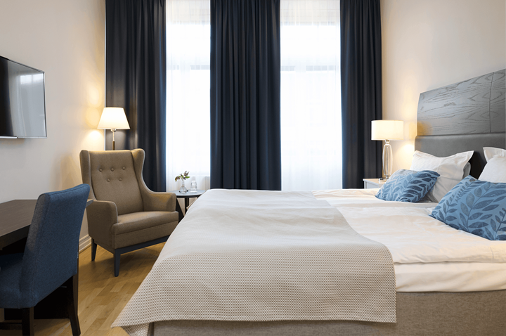 Modern hotel room with bright interior