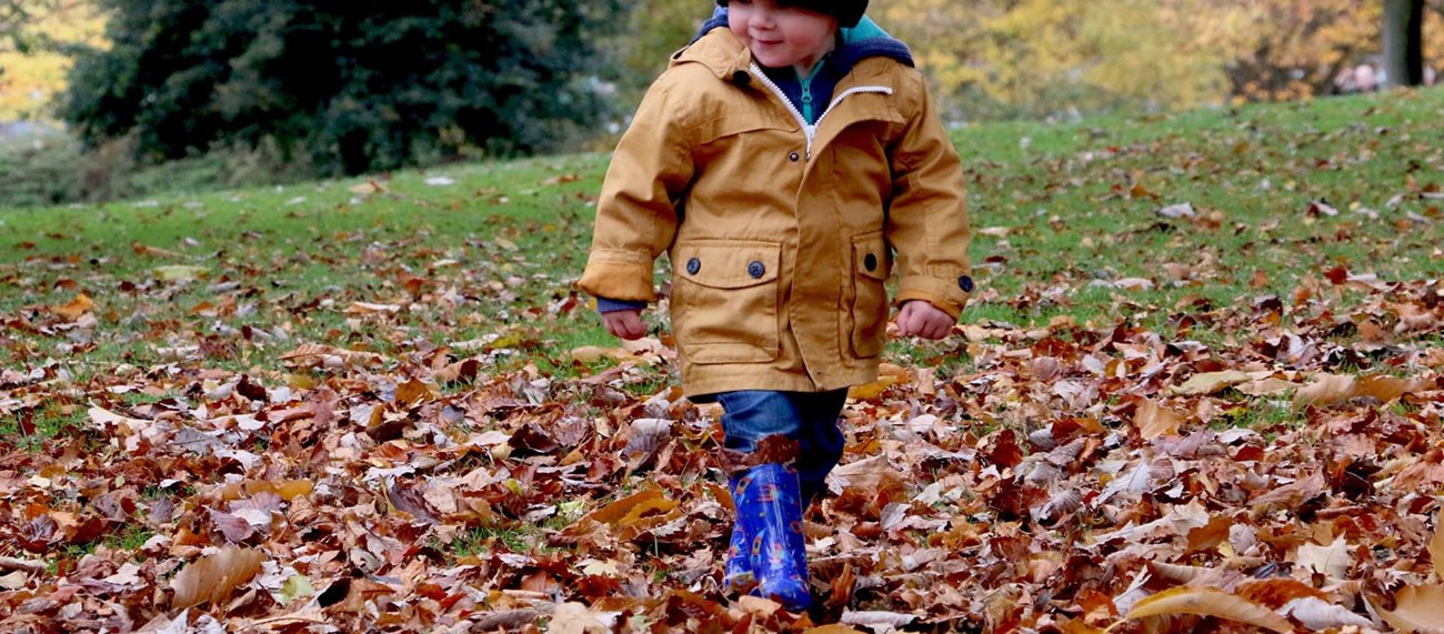 Barn som går runt bland löv
