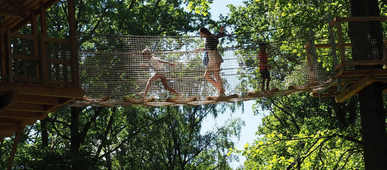 Barn går över en hängbro som finns på Skånes djurpark.