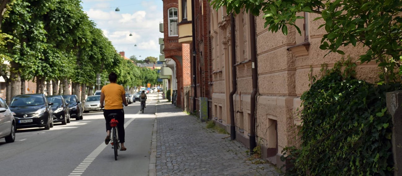 Cyklister och bilar på Södra Esplanaden i Lund