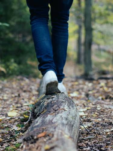 Fötter som balanserar på en stock i skogen