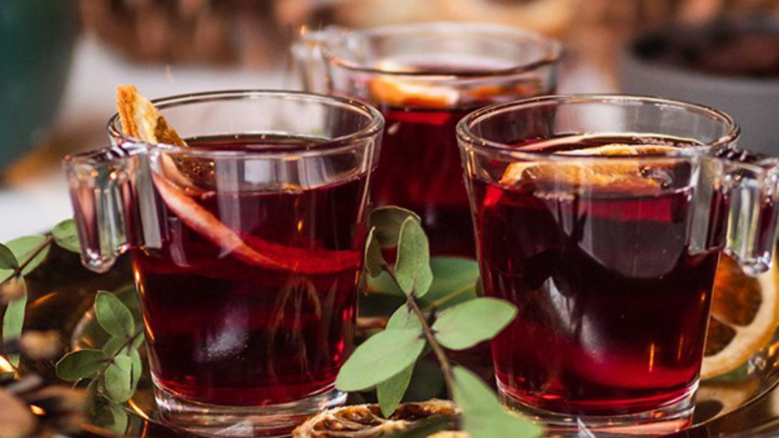 Mulled wine in glasses on a platter