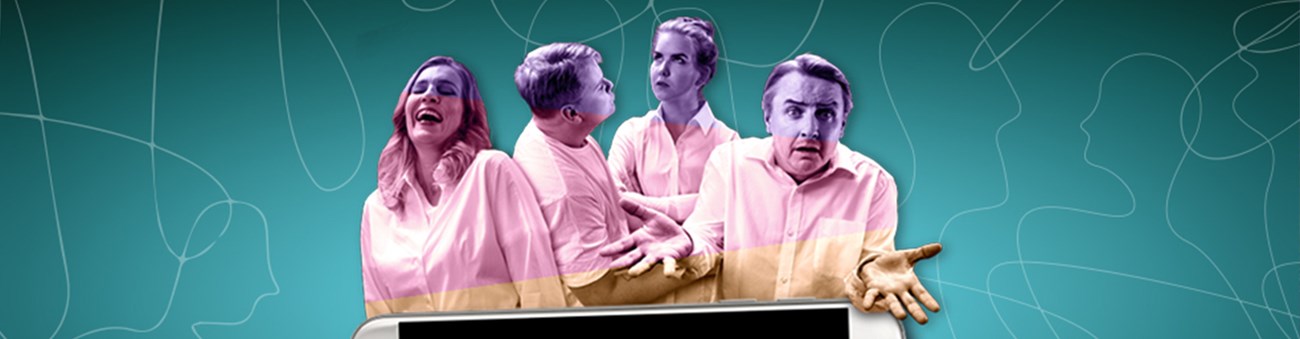 En grupp personer mot en turkosblå bakgrund