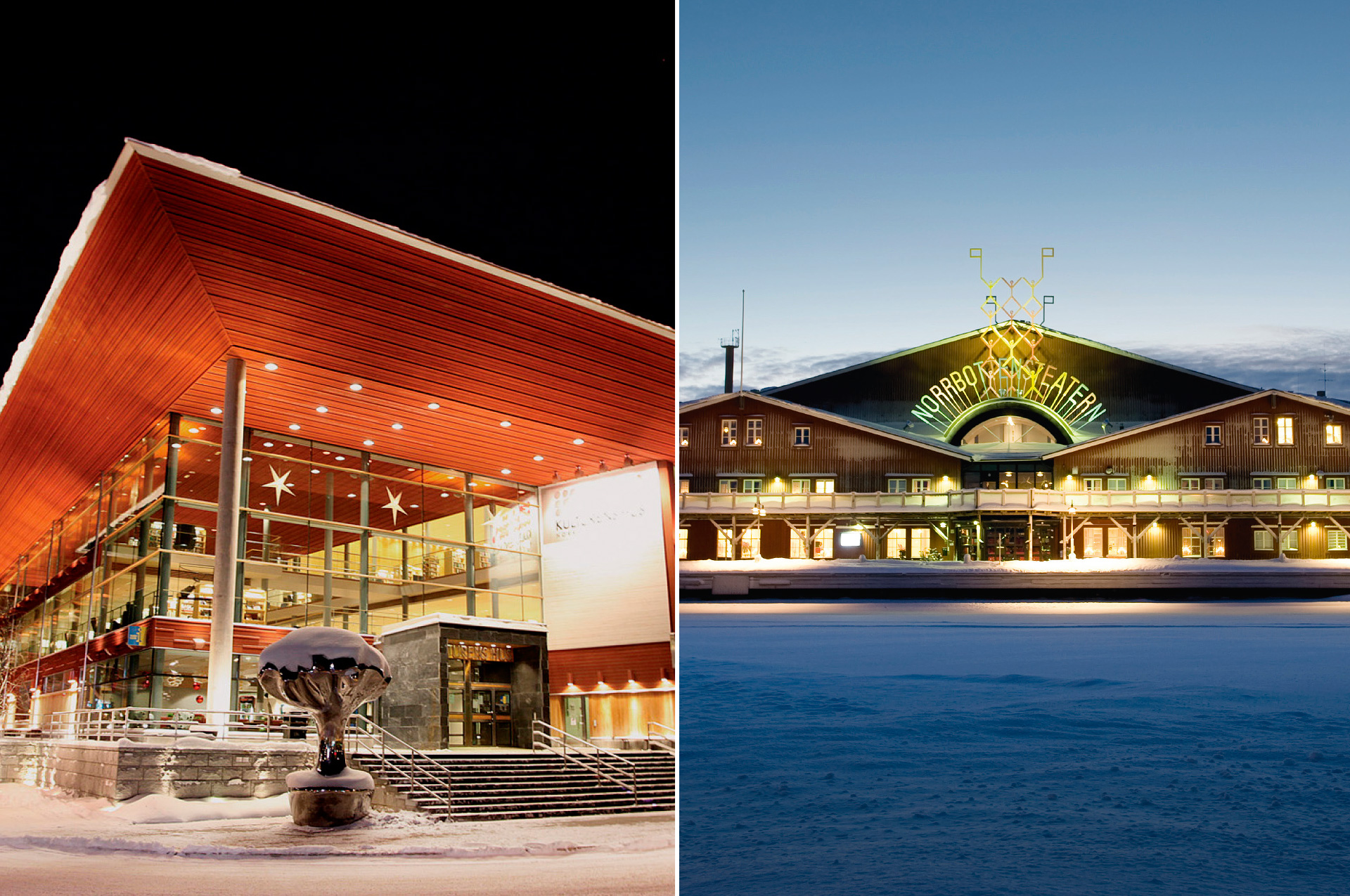 Två bilder i en. Vänster Kulturens hus i Luleå, stor byggnad med glasfönster och rött tak. Höger Norrbottens Teatern i Luleå, stor röd byggnad vid hamnen.