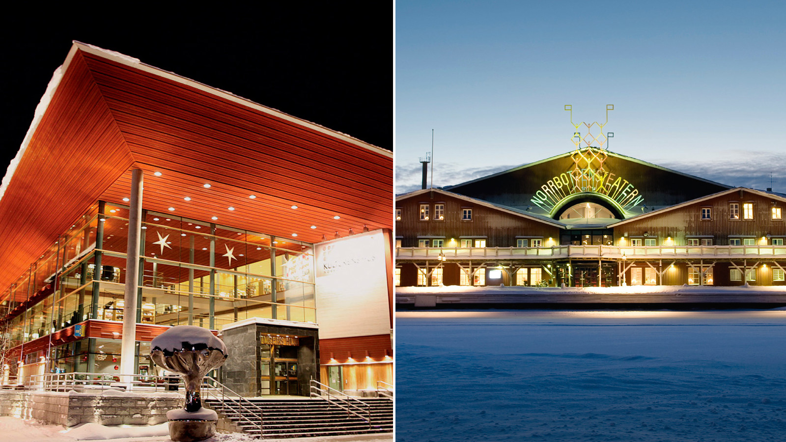 Två bilder i en. Vänster Kulturens hus i Luleå, stor byggnad med glasfönster och rött tak. Höger Norrbottens Teatern i Luleå, stor röd byggnad vid hamnen.