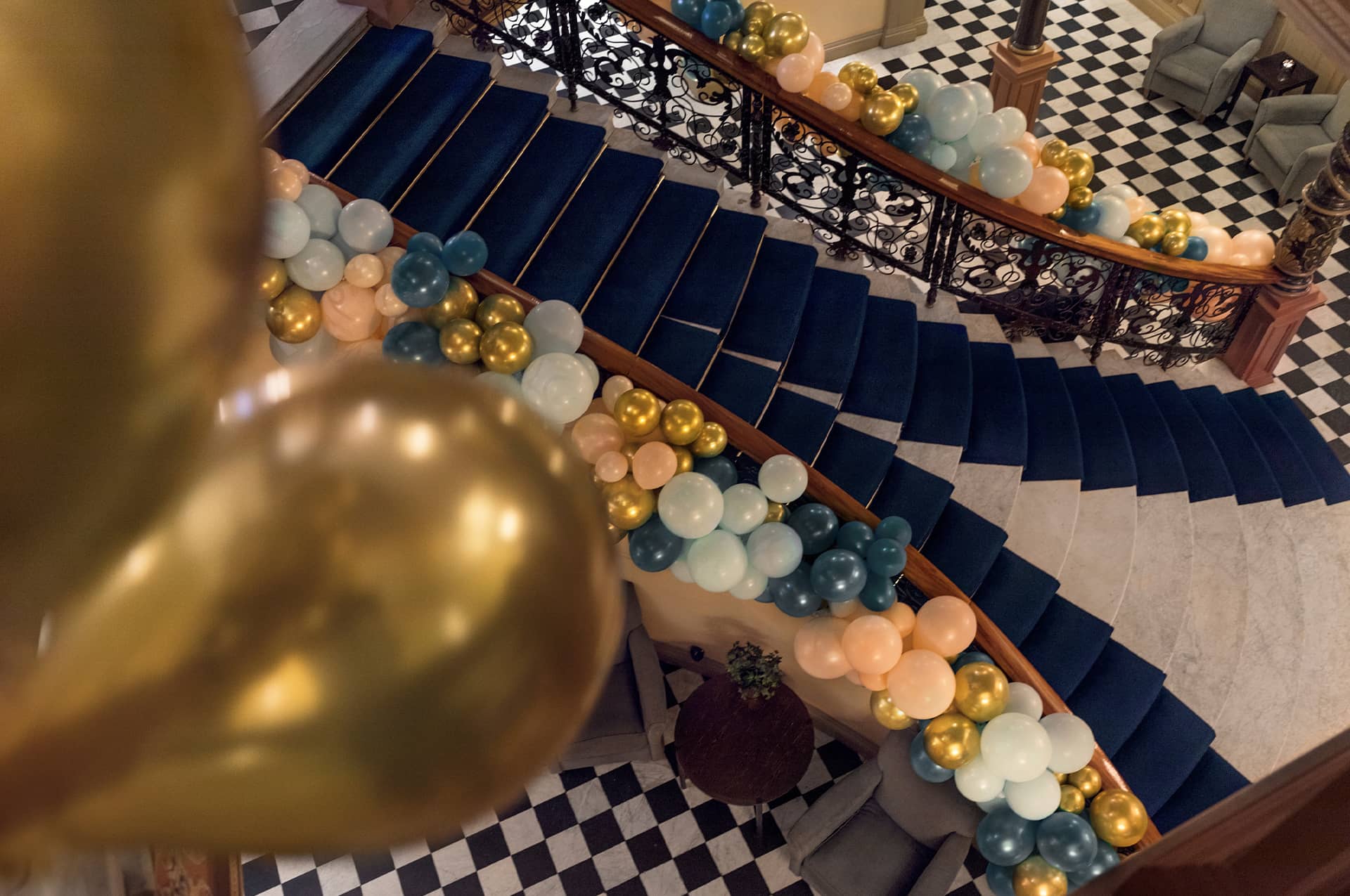 A staircase filled with balloons