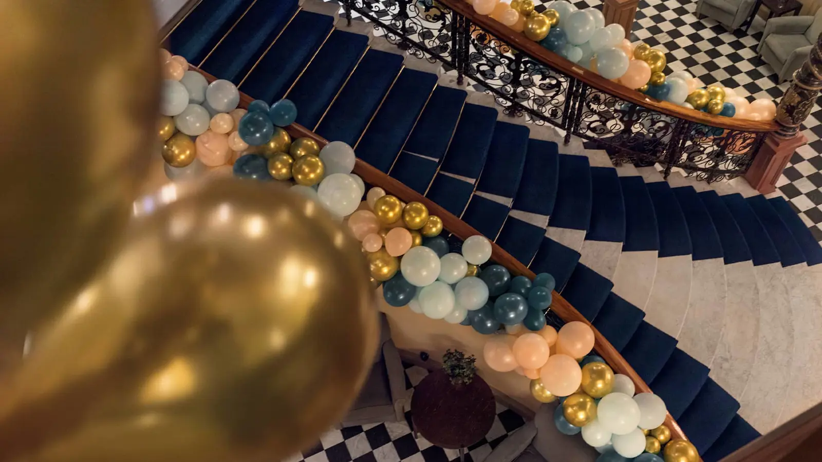 A staircase filled with balloons