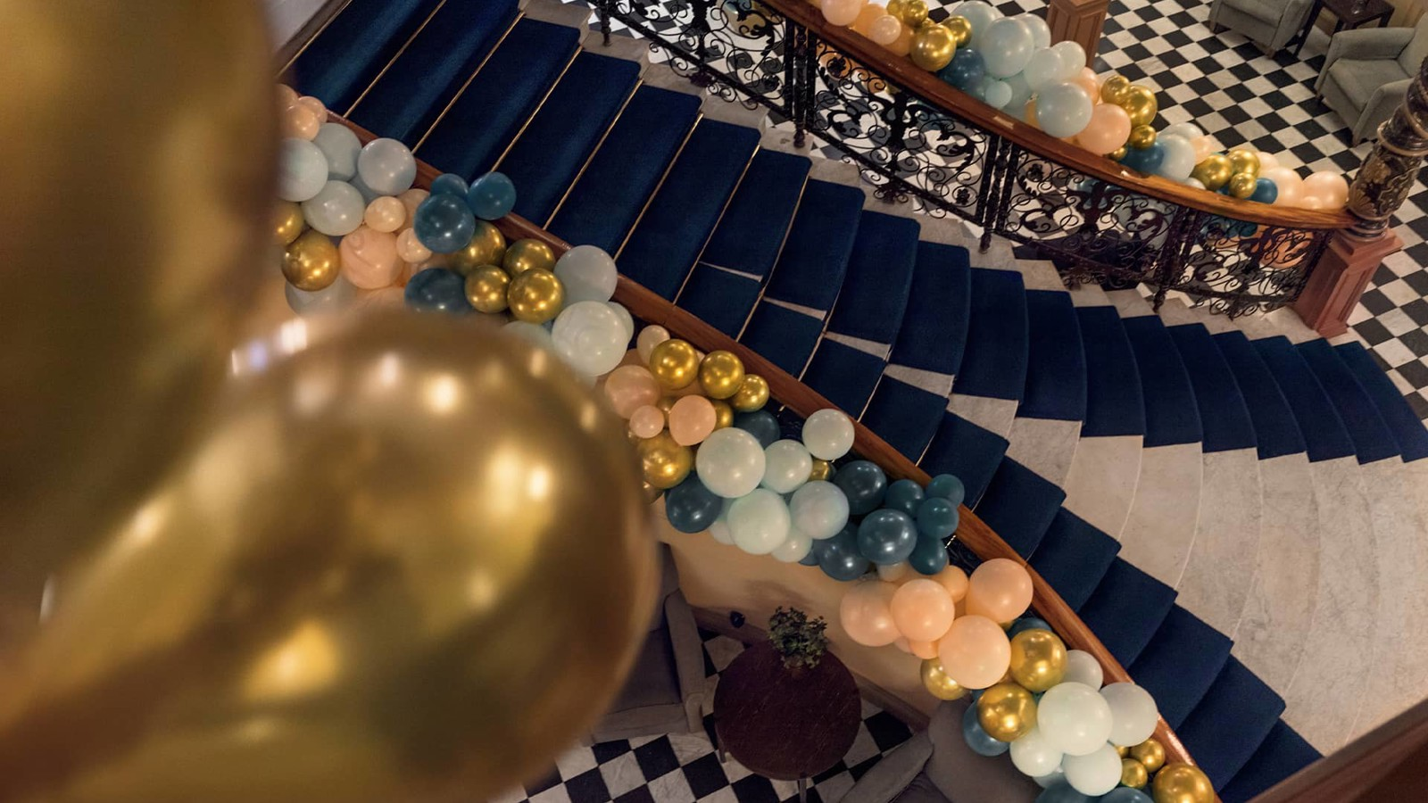 A staircase filled with balloons