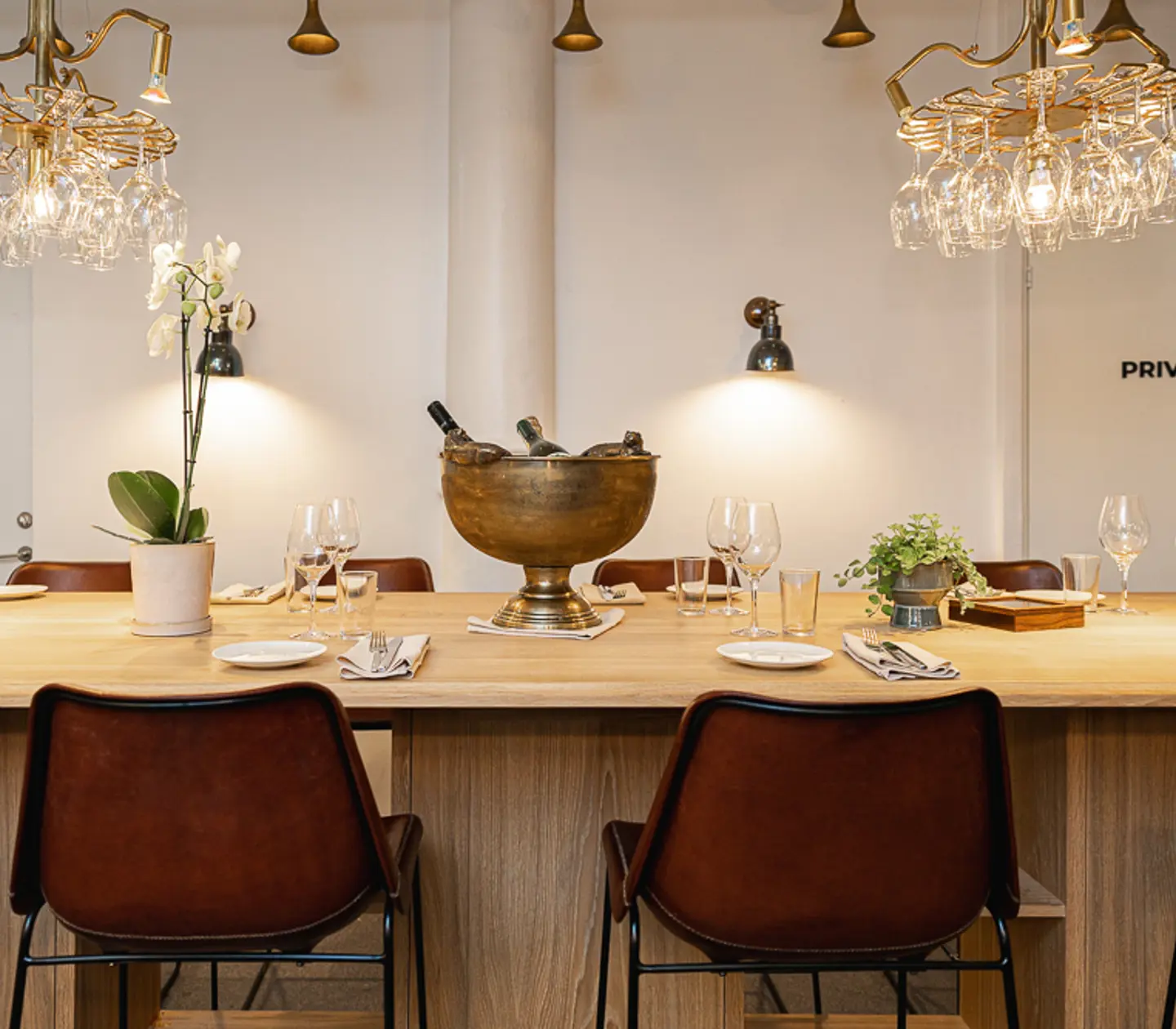 High chairs around table with table setting
