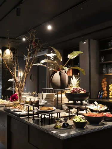 Tables with breakfast buffet