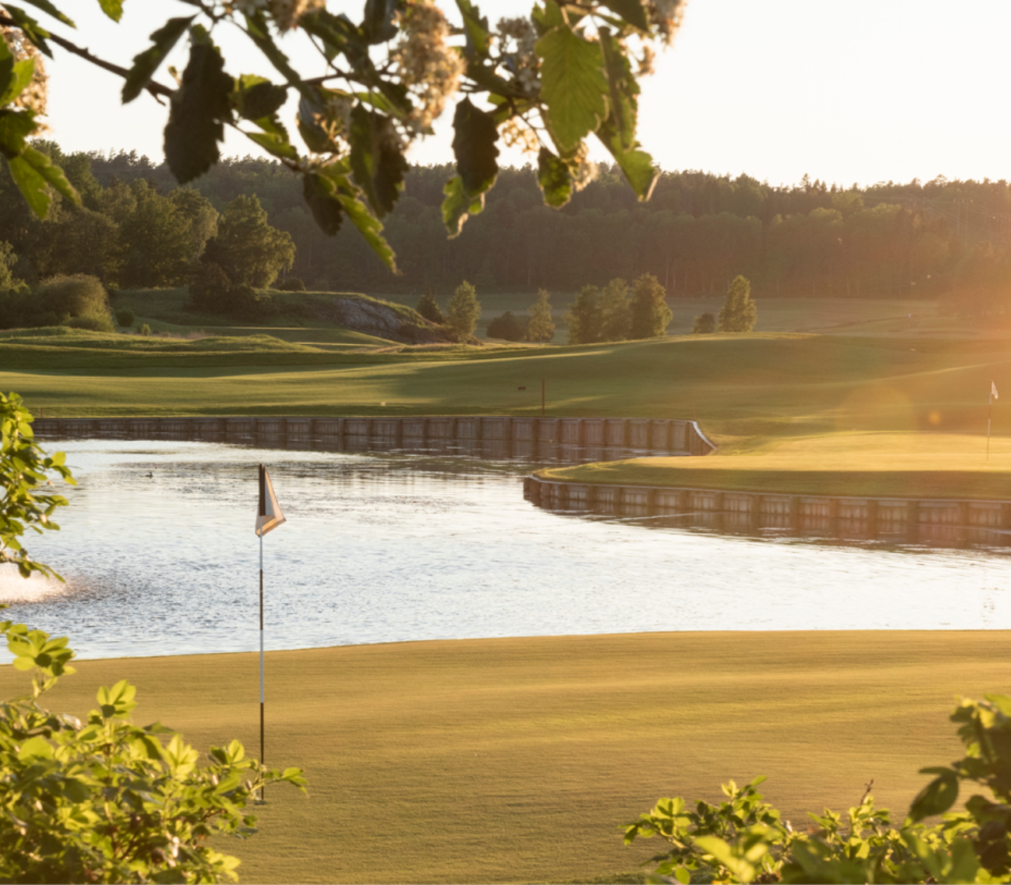 Solnedgång över den prisnominerade golfbanan Öster by Stenson med en lugn damm och snyggt klippta fairways som speglas i det stilla vattnet, omgiven av frodig grönska.