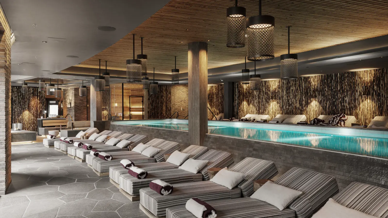 Beds in front of pool